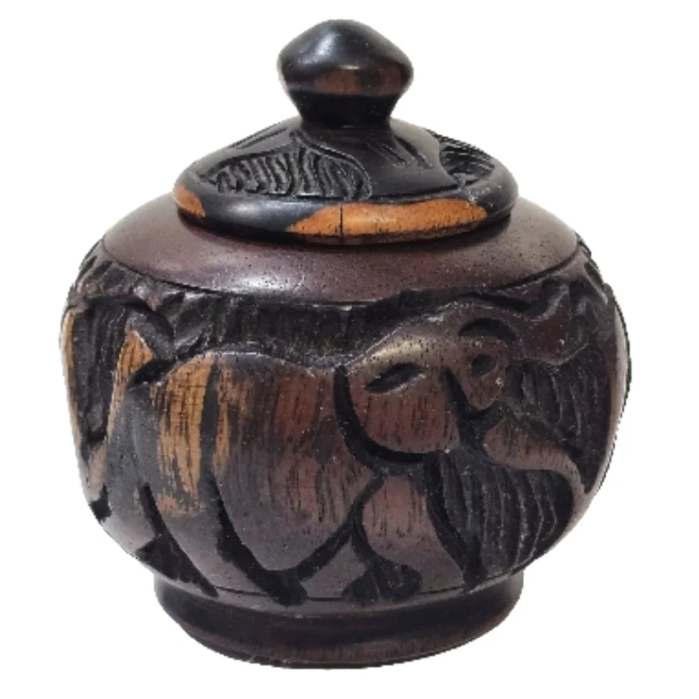 Wooden Brown Bowl Jar Trinket With Lid Elephant  Rhino Buffalo Design Handcarved